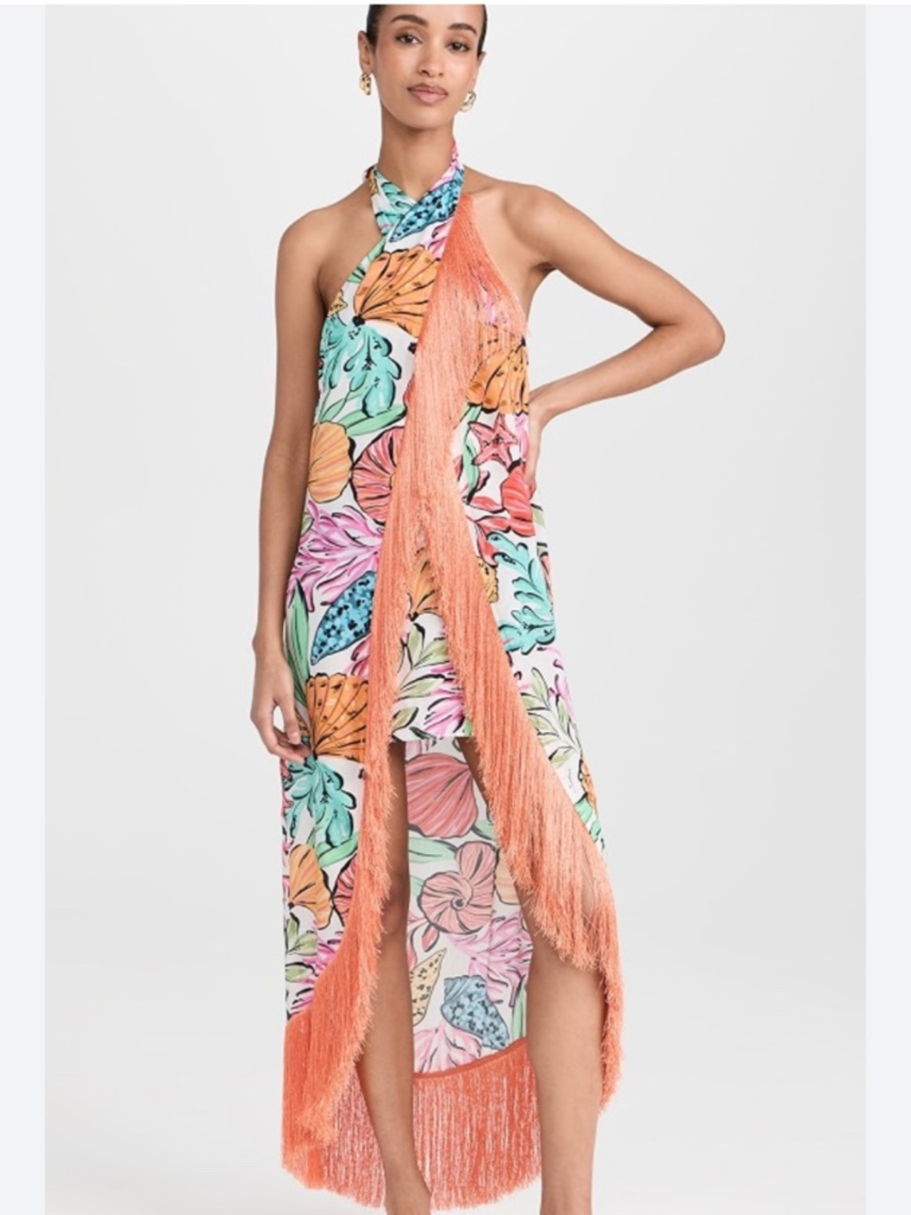 Sundress Tropical Print Fringe Halter Maxi Dress